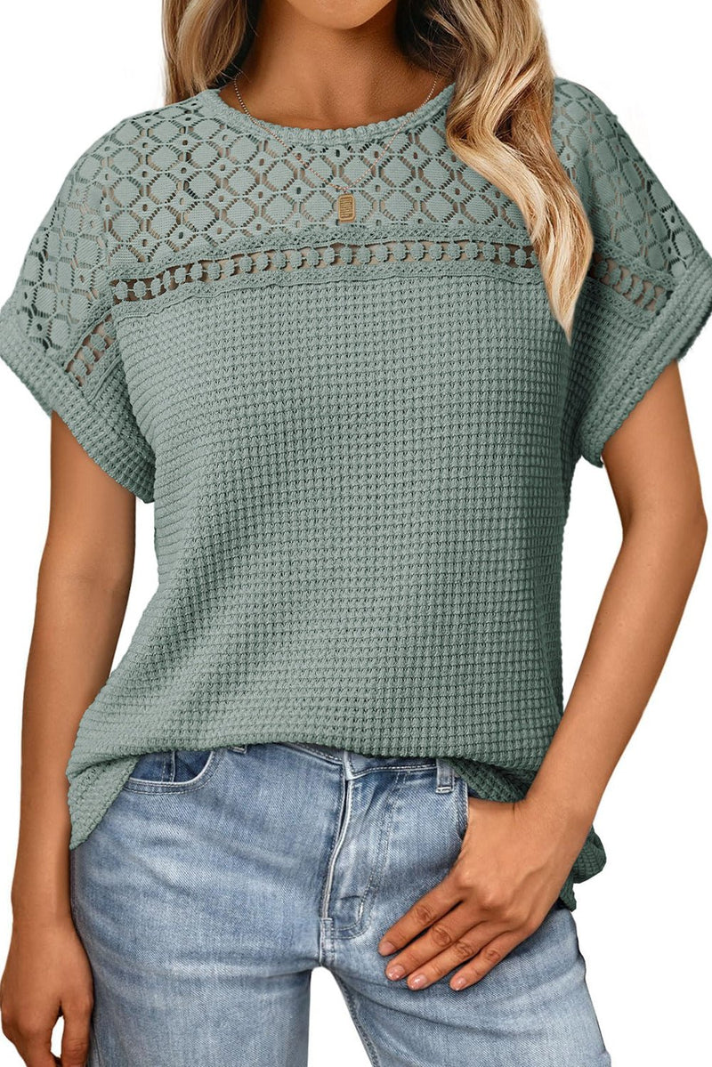 Mist Green Lace Patchwork Waffle Short Sleeve Top - Haven of Happiness