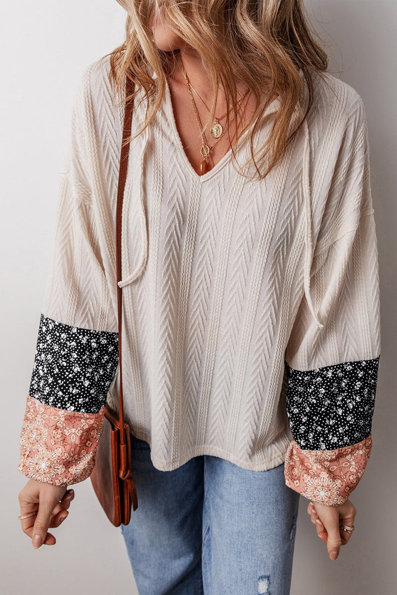 Beige Floral Patchwork Textured Knit Drawstring V Neck Blouse - Haven of Happiness