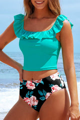 Sea Green Solid Ruffled Square Neck Swim Top and Floral Shorts Bikini Set - Haven of Happiness