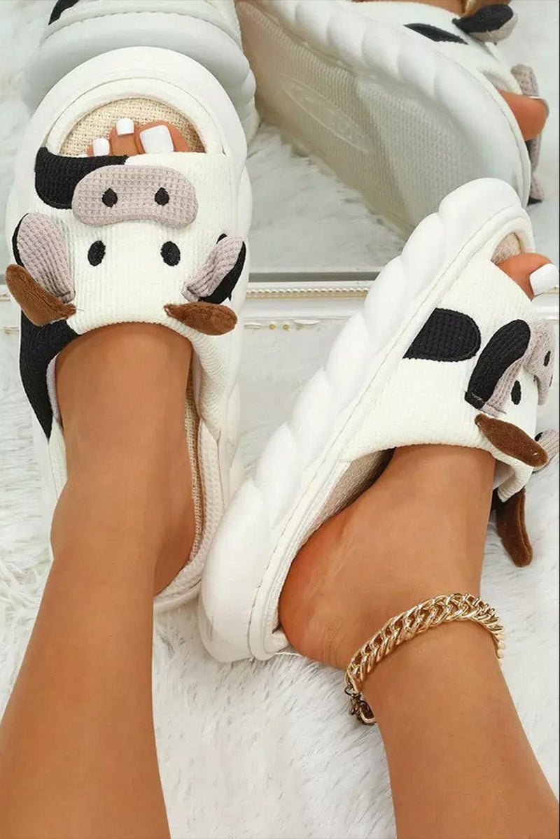 White Cute Cow Pattern Open Toe Slippers - Haven of Happiness