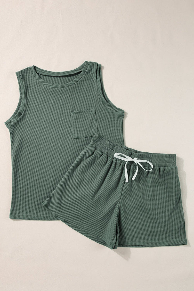 Mist Green Waffle Knit Patched Pocket Tank and Drawstring Shorts Set - Haven of Happiness