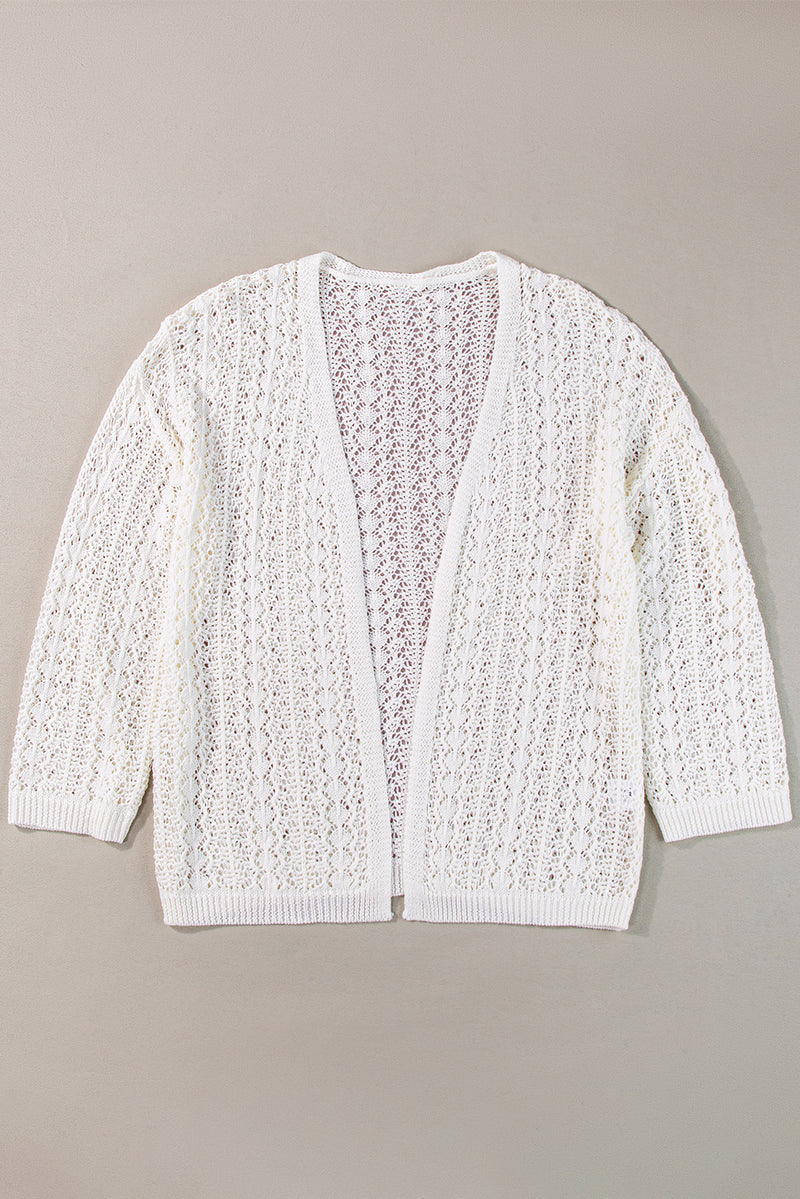 White Stylish Hollow Out Knit Drop Shoulder Cardigan