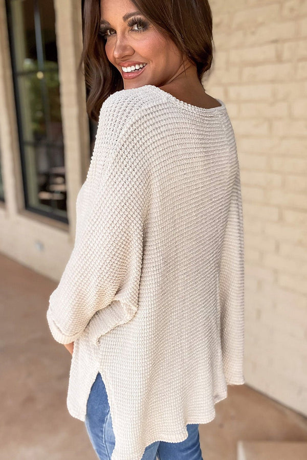 White Waffle Knit Side Slits Loose Fit V Neck Top - Haven of Happiness