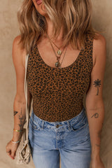 Brown Leopard Printed Sleeveless Scoop Neck Bodysuit - Haven of Happiness