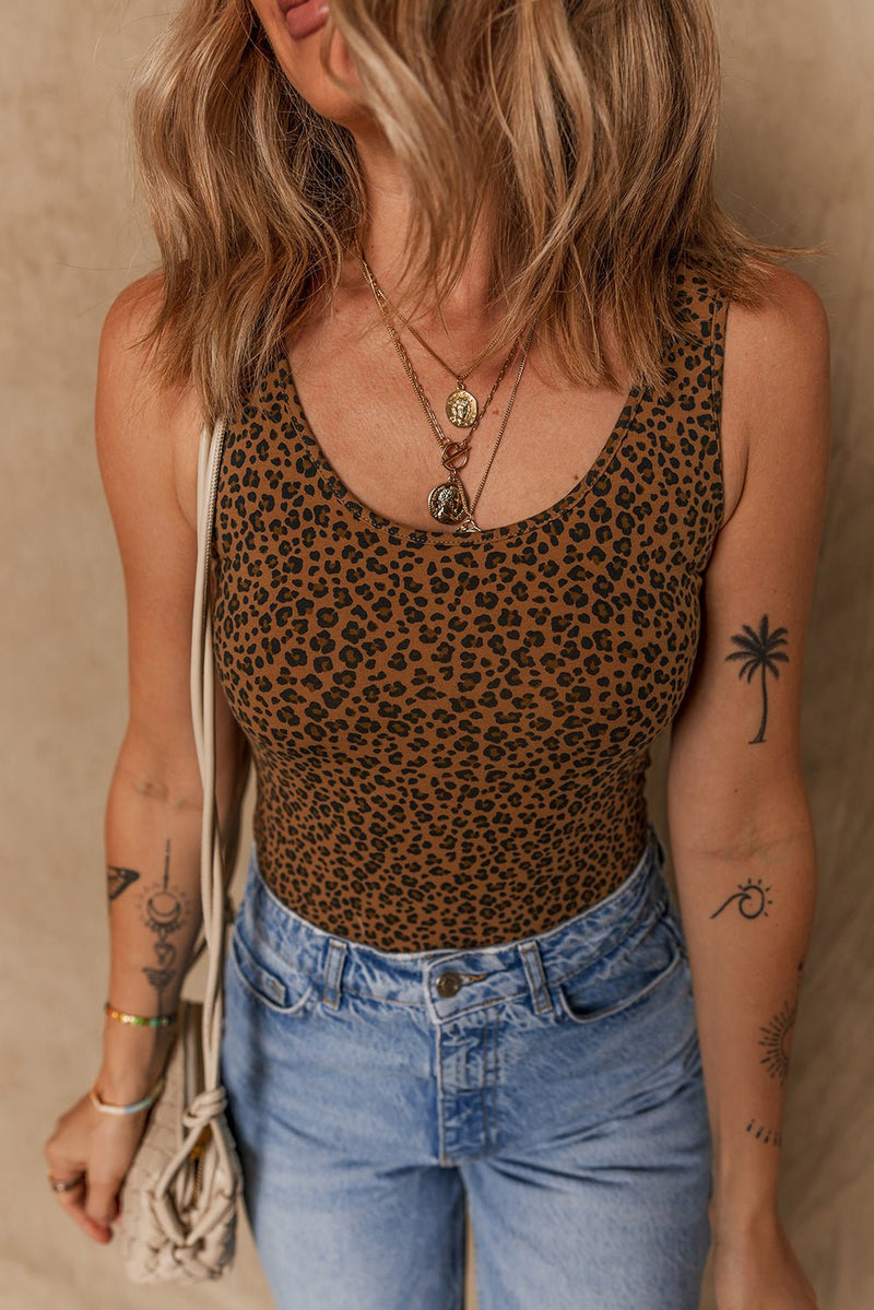 Brown Leopard Printed Sleeveless Scoop Neck Bodysuit - Haven of Happiness