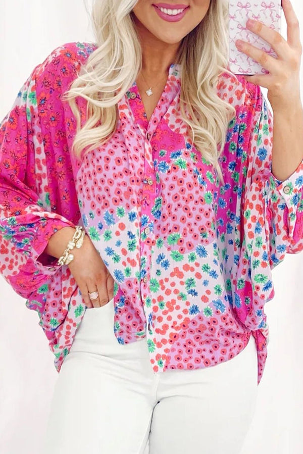 Rose Red Floral Allover Print Buttoned V Neck Oversized Shirt - Haven of Happiness