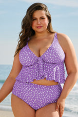 Purple Plus Size Polka Dot Print Ruffled Knotted V Neck Tankini Set - Haven of Happiness