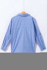 Sky Blue Stripe Roll - tab Sleeve Pocketed Long Shirt - Haven of Happiness