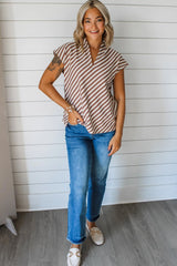 Chestnut Striped Stand V Neck Short Sleeve Blouse - Haven of Happiness