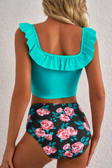 Sea Green Solid Ruffled Square Neck Swim Top and Floral Shorts Bikini Set - Haven of Happiness