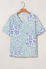 Sky Blue Mixed Leopard Print V Neck Short Sleeve Blouse