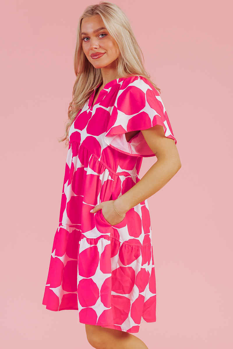 Rose Polka Dot Flutter Sleeve Notched Neck Tiered Flowy Dress