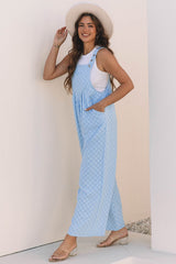 Beau Blue Checkered Pocketed High Waist Wide Leg Overall - Haven of Happiness