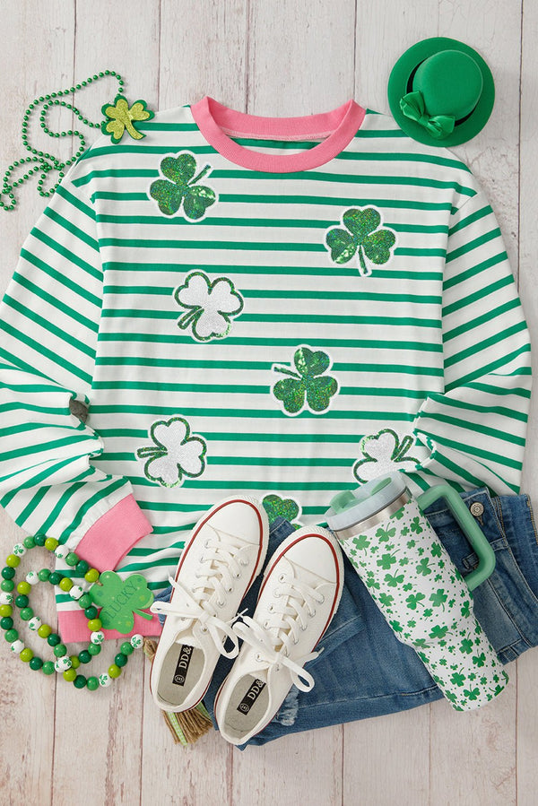 Bright Green Striped Sequin Clover Graphic Colorblock Long Sleeve St Patrick Top - Haven of Happiness