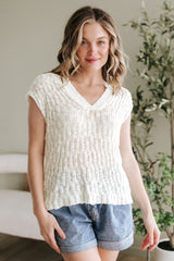 Beige Notched V Neck Short Sleeve Sweater