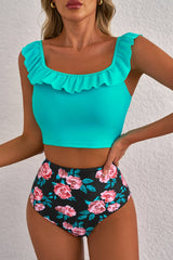 Sea Green Solid Ruffled Square Neck Swim Top and Floral Shorts Bikini Set - Haven of Happiness