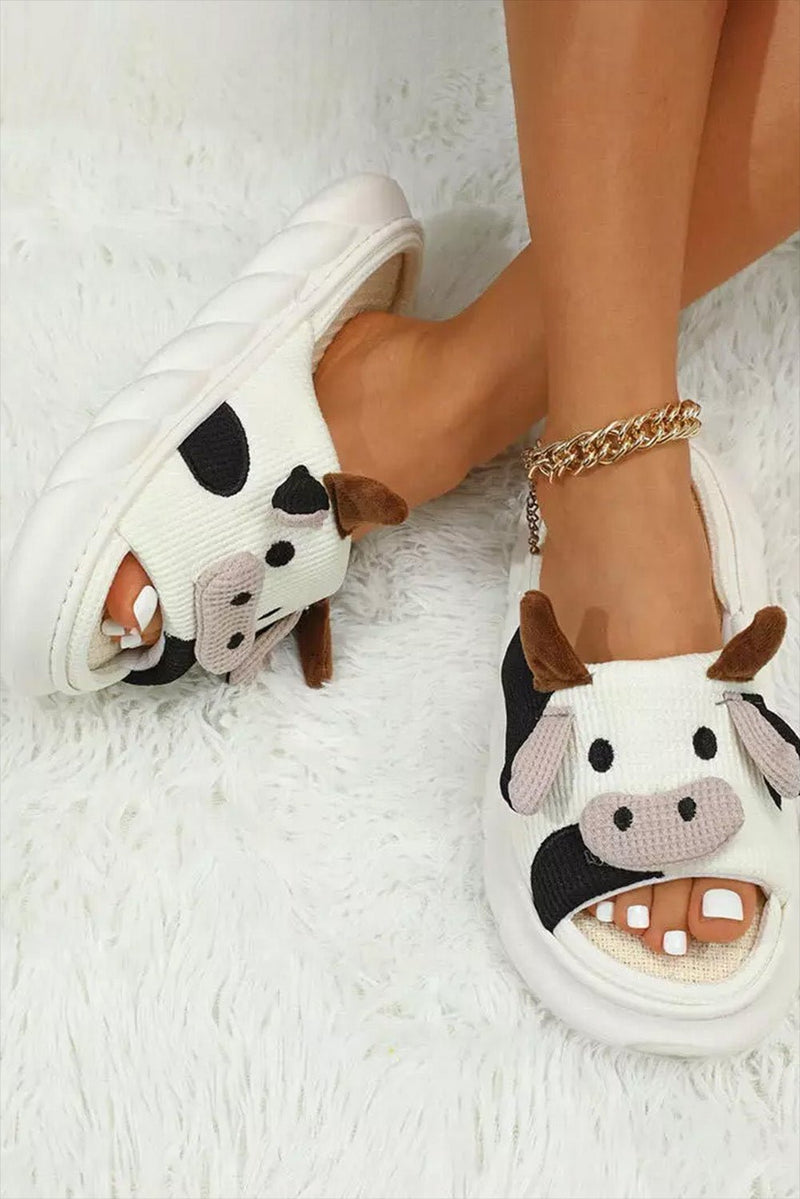 White Cute Cow Pattern Open Toe Slippers - Haven of Happiness