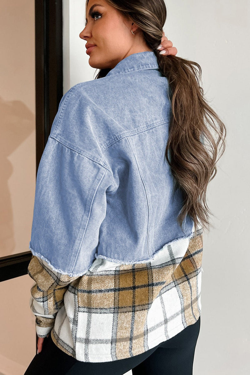 Khaki Plaid Patchwork Buttoned Oversized Denim Jacket - Haven of Happiness