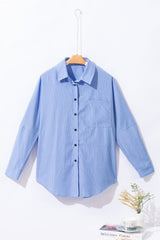 Sky Blue Stripe Roll - tab Sleeve Pocketed Long Shirt - Haven of Happiness