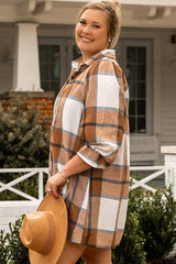 Khaki Plus Size Plaid Flounce Sleeve Button up Shirt Dress - Haven of Happiness